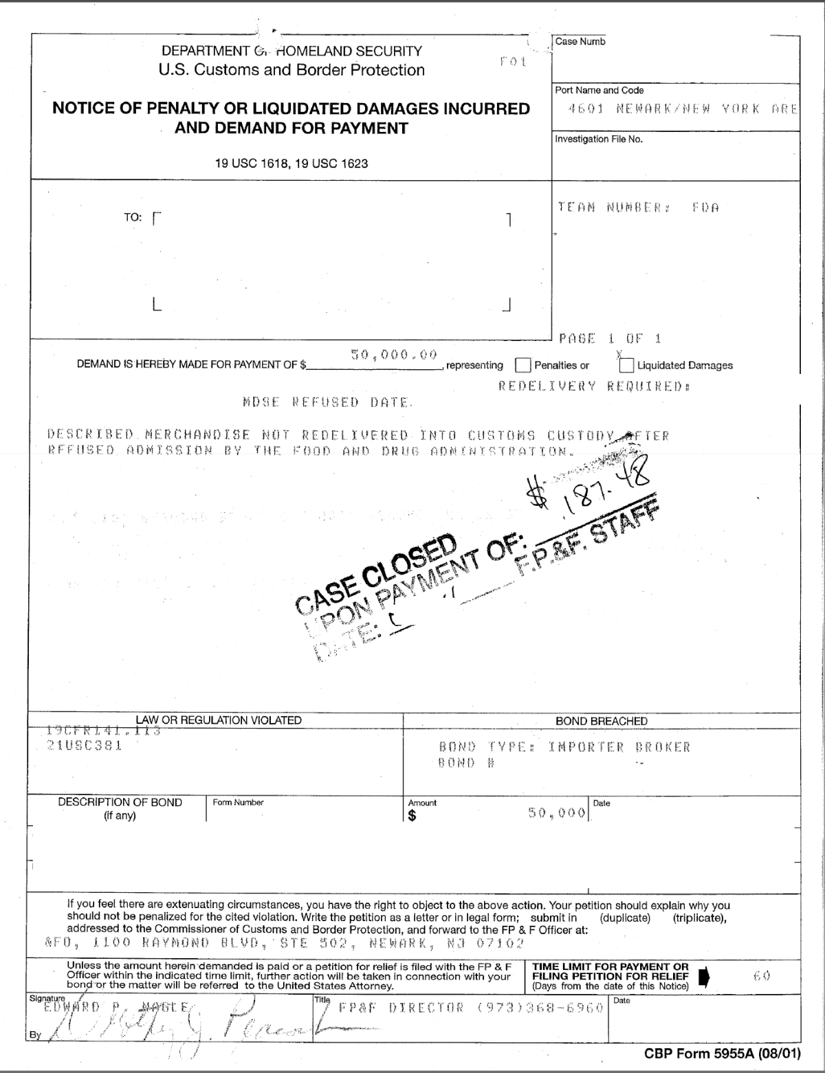 10 - Liquidated Damages Notice & DECISION- FDA Violation